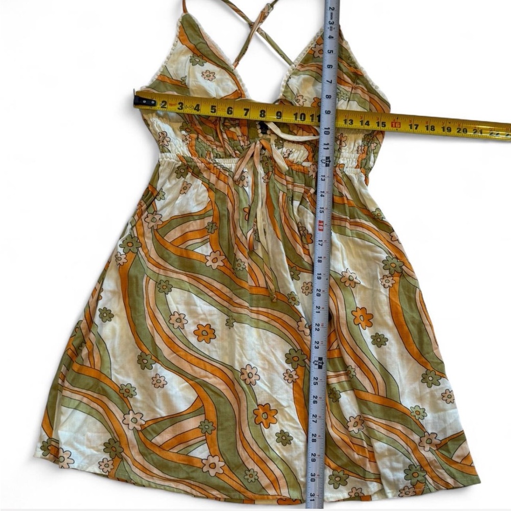 Women’s Retro Print Green & Orange Low Cut Mini Dress Small - Picture 4 of 7